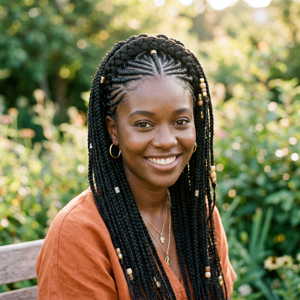 Smiling woman with long black braided hair decorated with beads, wearing gold hoop earrings and a rust-colored top