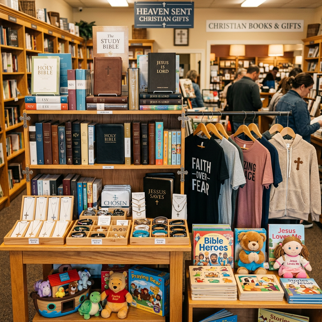 Shelves with various Bibles, Christian jewelry, faith-themed clothing, and children's books and toys in a Christian bookstore