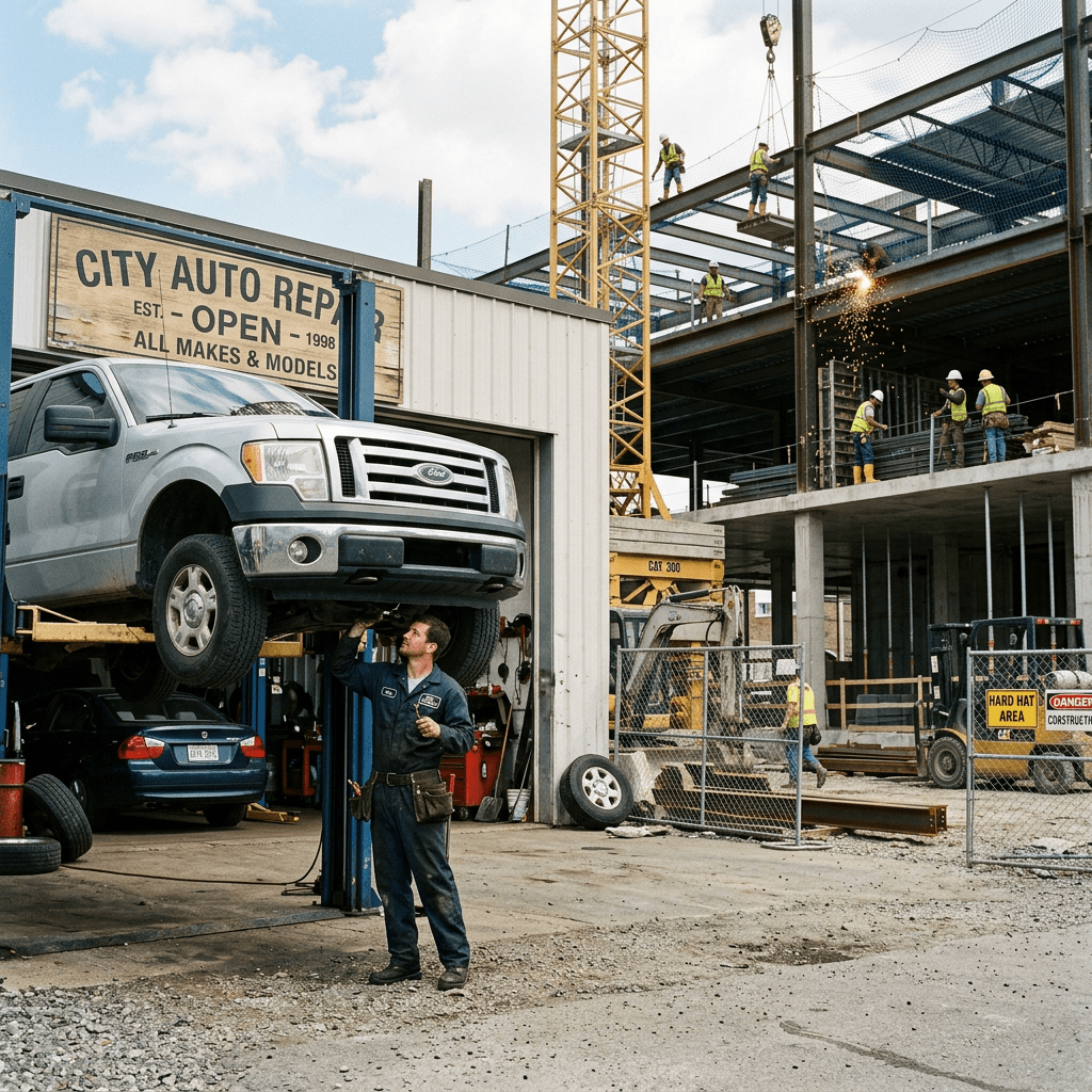 Mechanic working under raised silver Ford truck outside City Auto Repair with construction workers welding and building in background